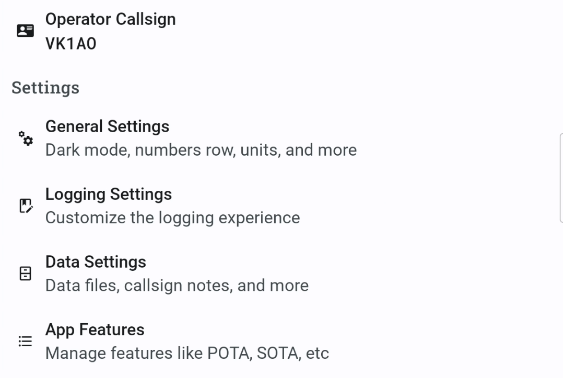 General settings (operator callsign first)