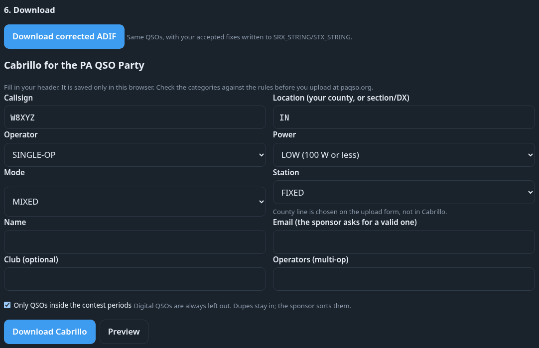 Checker screenshot: the Cabrillo header fields and download buttons