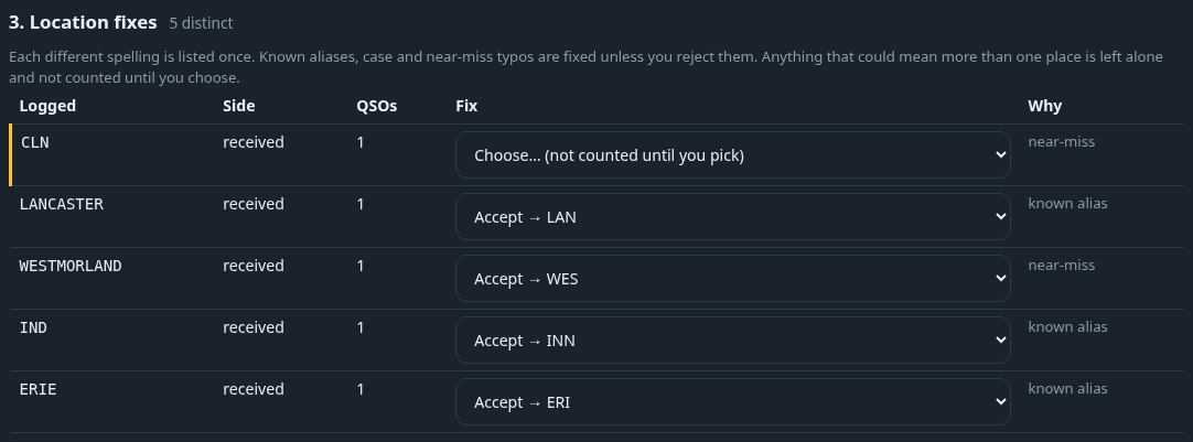 Checker screenshot: the location fixes table with an Accept or Reject choice