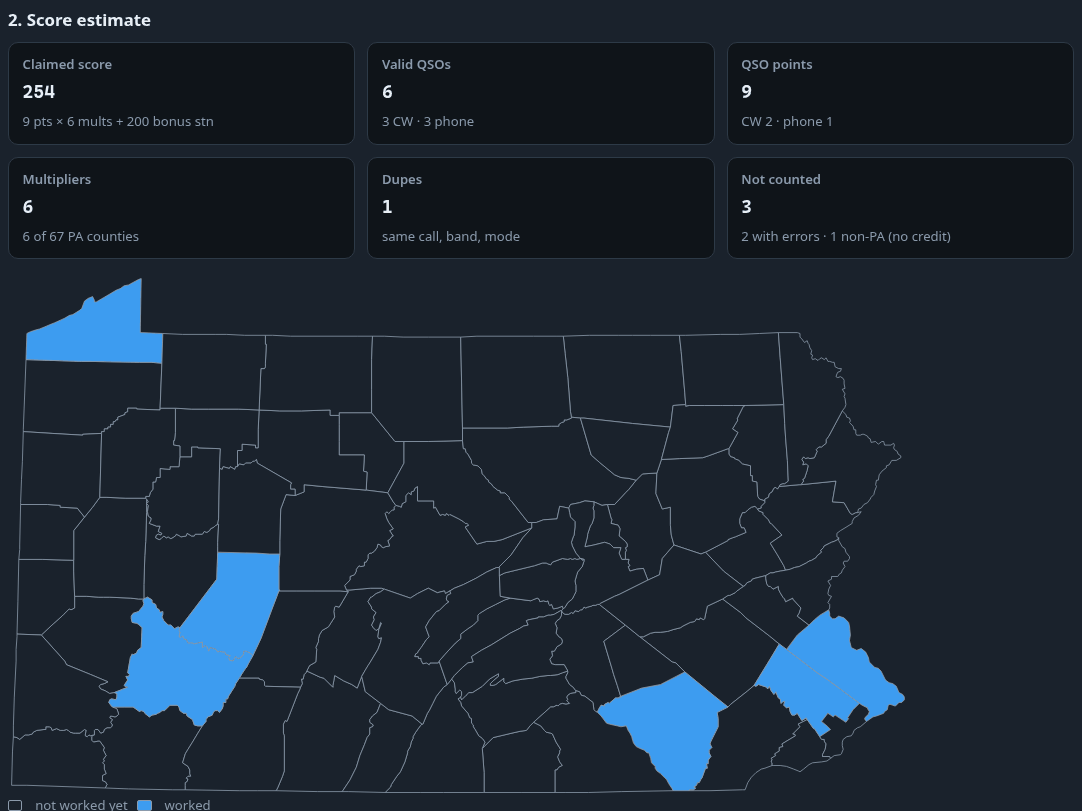 Checker screenshot: score estimate cards and the PA county map with worked counties highlighted